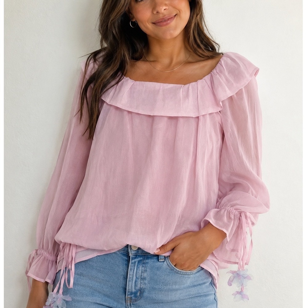 Pink Sheer Chiffon Tiered Tunic Ruffle Collar Floral Tie Long Sleeve Top
